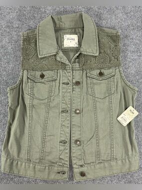 Mudd Olive Green Denim Vest M Lace Yoke Cottagecore Crochet Boho Whimsygoth Jean